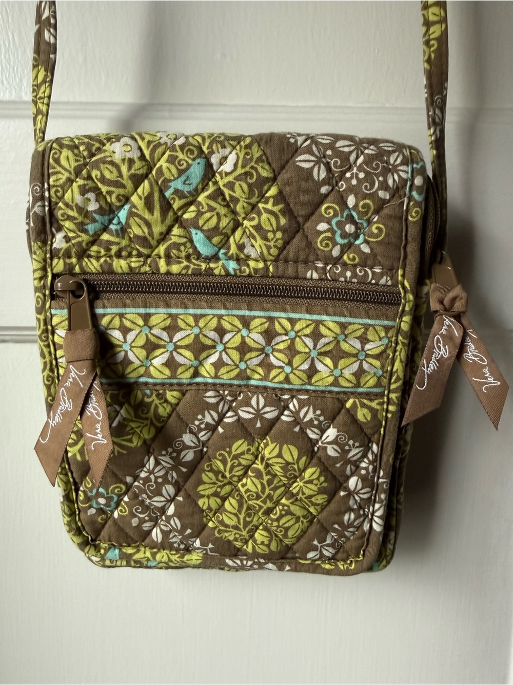 Vera Bradley Brown and Green Quilted Floral Crossbody Bag w/ Built In Wallet